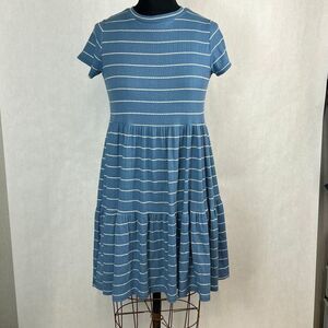 See You Monday x Anthropologie Tiered Dress Sz Large Blue Stripe Short Sleeve Bo